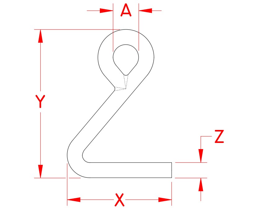 Stainless Steel Cunningham Hook, S0179-CH07, S0179-CH08, Line Drawing